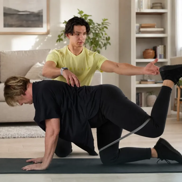 Florian Passet, coach sportif, guide une cliente pendant un exercice au sol avec bande élastique dans un salon