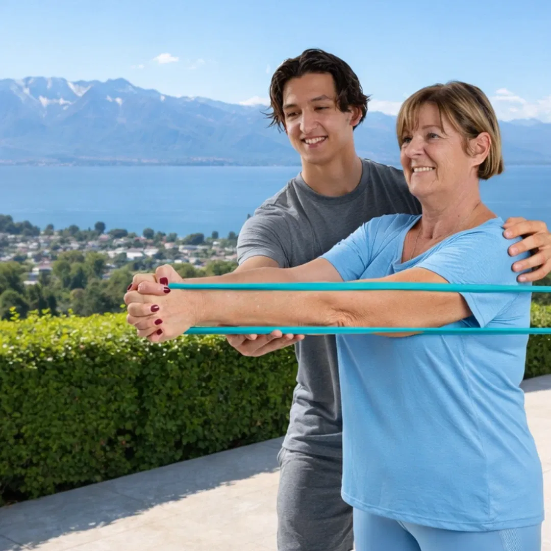 Florian Passet, coach sportif, accompagne une cliente pendant un exercice avec élastique sur une terrasse avec vue sur le lac