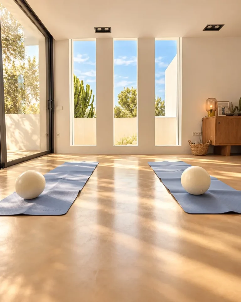 Salle de sport lumineuse de la villa, préparée avec tapis et ballons